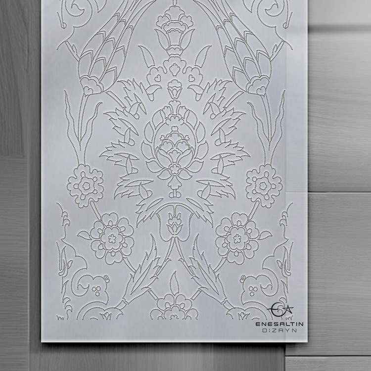 Perforated Stencil 20 x 60 cm. - Turkiye Rustem Paşa Symmetric Hatayi Tulip Tile 3-Panel Pattern