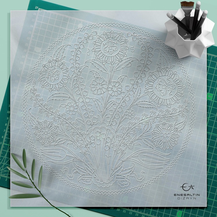 Perforated Stencil 30 cm. - Hyacinth and Thorn Plant Motif Iznik Tile Pattern