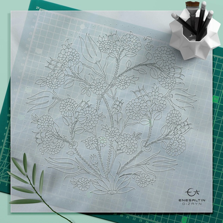 Perforated Stencil 30 cm. - Iznik Tile Pattern with Tulip Rose Plant Motifs
