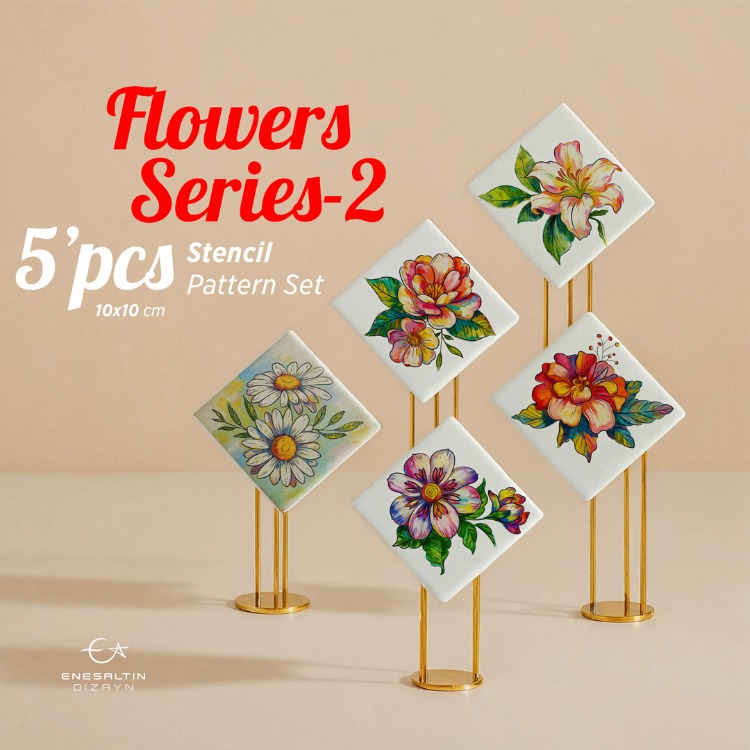 5-Piece Perforated Stencil Set – Flowers Series-2 Tile Pattern - 10 x 10 cm.