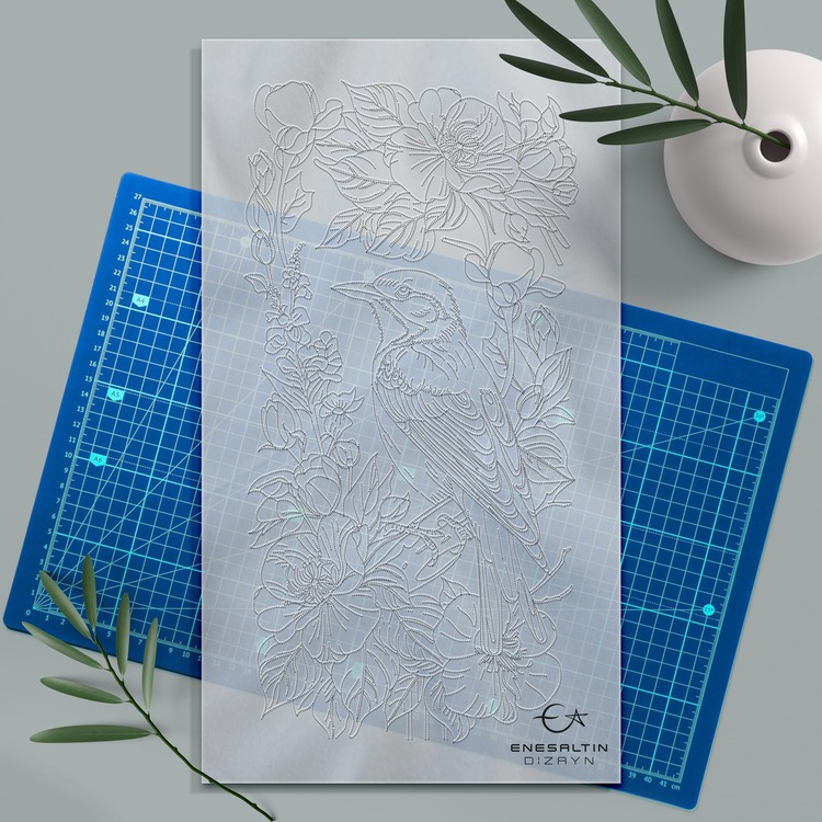Perforated Stencil 20x40 cm. - Bird and Ivy Flower Exotic Motif Tile Pattern