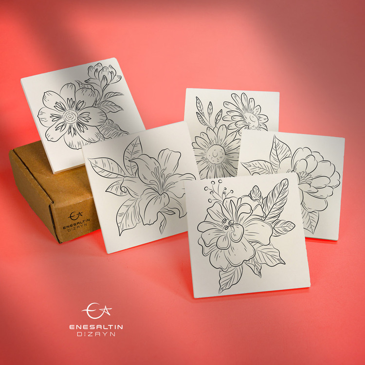 Tahrirli Ürün - Çiçekler Serisi (ÇS-02) 10 x 10 cm Tahrirli 5'li Karo Seti