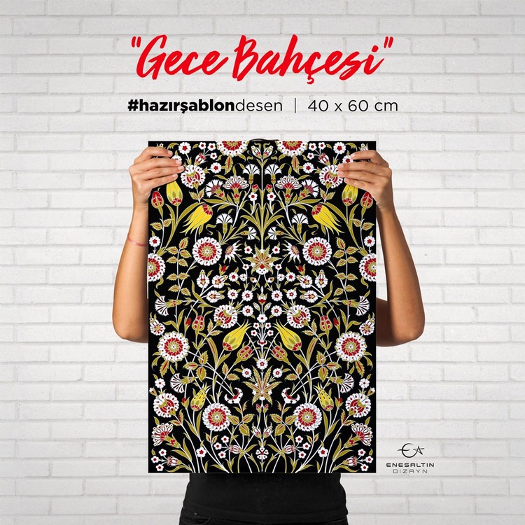 Hazır Şablon Desen 40x60 cm. BÜYÜK BOY -  Gece Bahçesi Motifli Çini Karo / Tabak Deseni