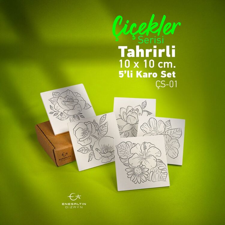 Tahrirli Ürün - Çiçekler Serisi (ÇS-01) 10 x 10 cm Tahrirli 5'li Karo Seti