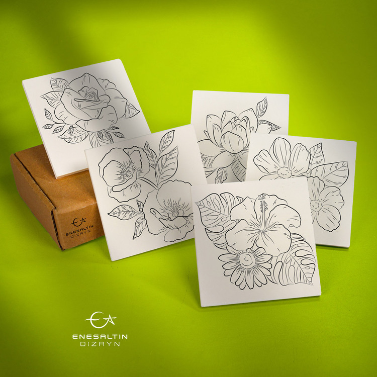 Tahrirli Ürün - Çiçekler Serisi (ÇS-01) 10 x 10 cm Tahrirli 5'li Karo Seti