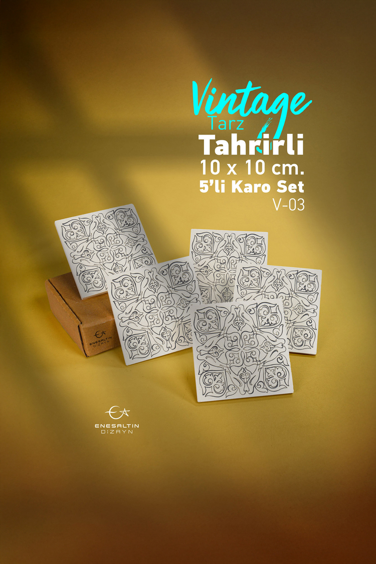 Tahrirli Ürün - Vintage Tarz (V-03) 10 x 10 cm Tahrirli 5'li Karo Seti
