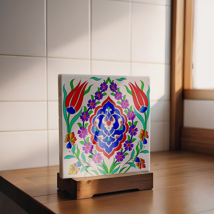 Hazır Şablon Desen 20 x 20 cm. - Rumi Madalyon Simetrik Motif Çini Karo Deseni