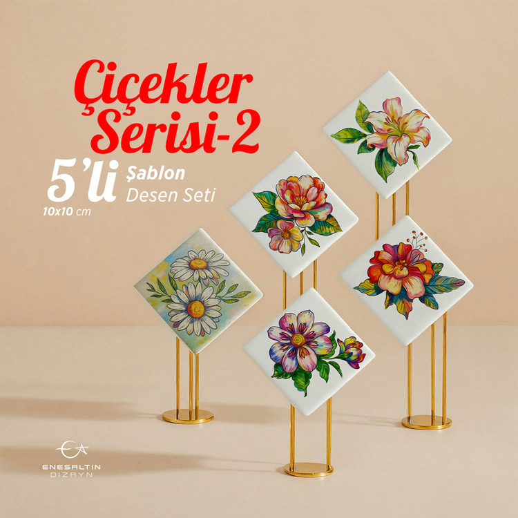 5'li Şablon Desen Seti - Çiçekler Serisi-2 Çini Karo Deseni - 10 x 10 cm.