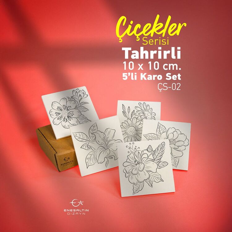Tahrirli Ürün - Çiçekler Serisi (ÇS-02) 10 x 10 cm Tahrirli 5'li Karo Seti