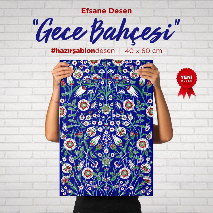 Hazır Şablon Desen 40x60 cm. BÜYÜK BOY -  Gece Bahçesi Motifli Çini Karo / Tabak Deseni