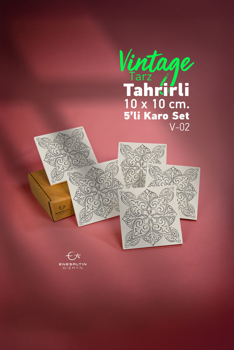 Tahrirli Ürün - Vintage Tarz (V-02) 10 x 10 cm Tahrirli 5'li Karo Seti