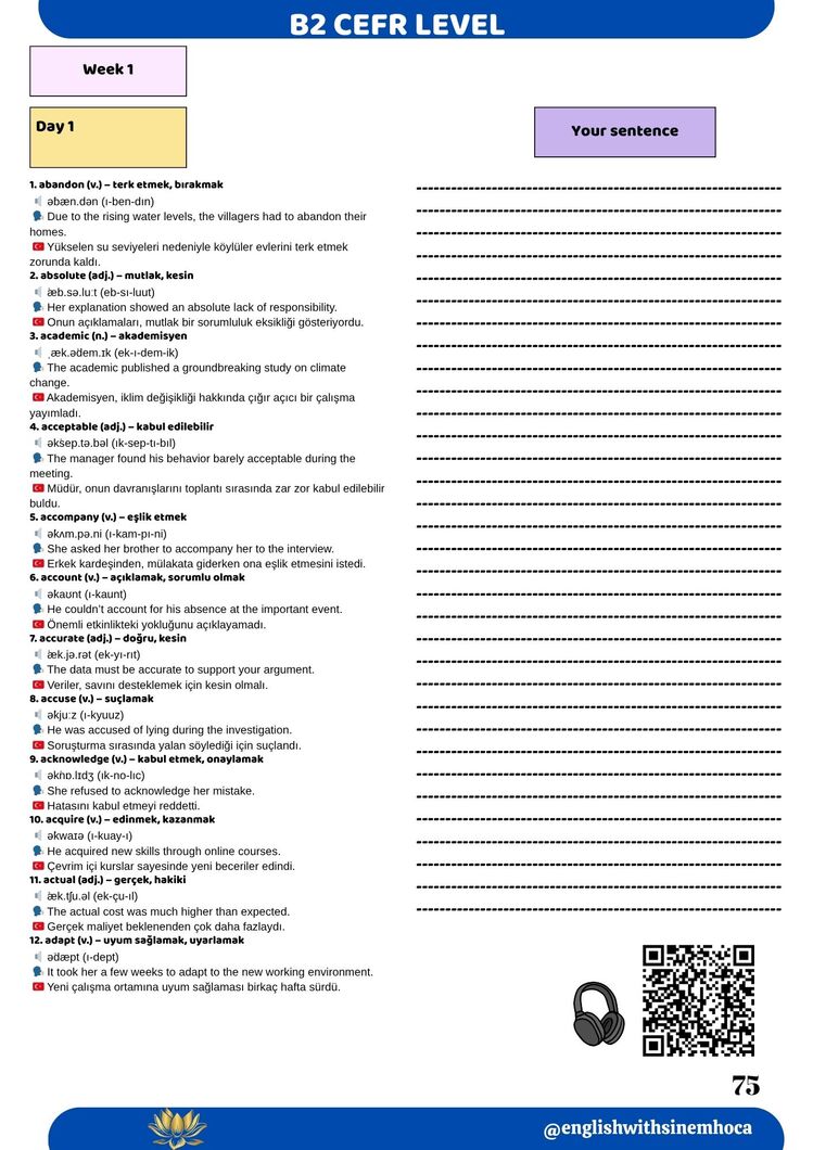 B2 SEVİYE ( Orta seviye )İNGİLİZCE KELİME LİSTESİ + QR KODLU DİNLEME
