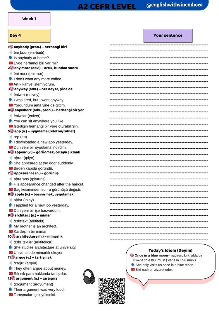A2 SEVİYE ( Başlangıç )İNGİLİZCE KELİME LİSTESİ + QR KODLU DİNLEME