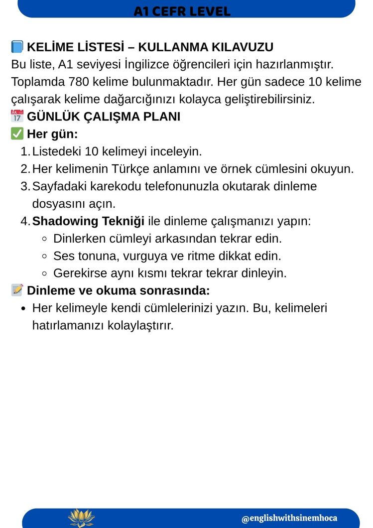 A1 SEVİYE ( Başlangıç )İNGİLİZCE KELİME LİSTESİ + QR KODLU DİNLEME