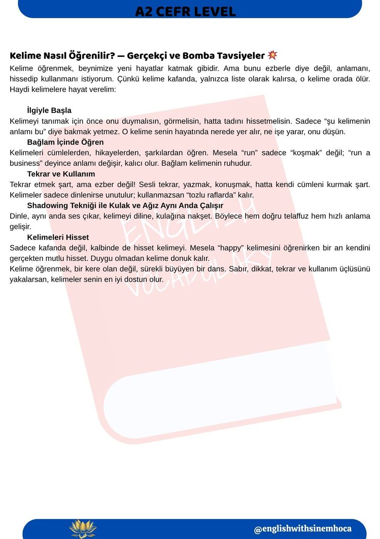 A2 SEVİYE ( Başlangıç )İNGİLİZCE KELİME LİSTESİ + QR KODLU DİNLEME