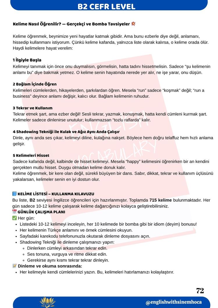 B2 SEVİYE ( Orta seviye )İNGİLİZCE KELİME LİSTESİ + QR KODLU DİNLEME