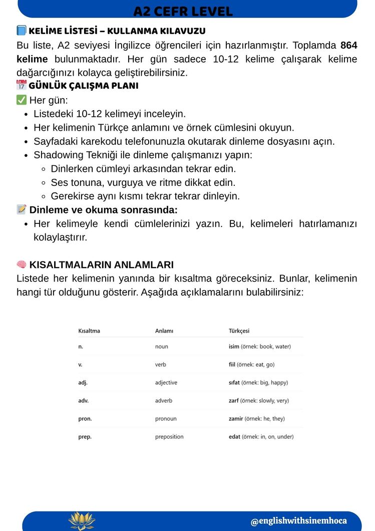 A2 SEVİYE ( Başlangıç )İNGİLİZCE KELİME LİSTESİ + QR KODLU DİNLEME
