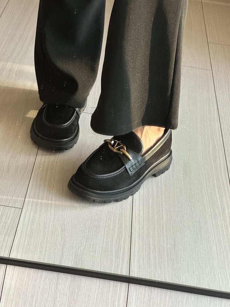 Kadın siyah süet kalın taban loafer