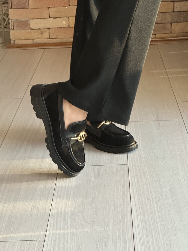 Kadın siyah süet kalın taban loafer