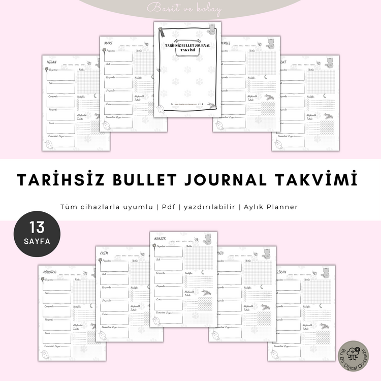 Tarihsiz Dijital Ajanda Takvimi (12 Aylık – Yazdırılabilir PDF)