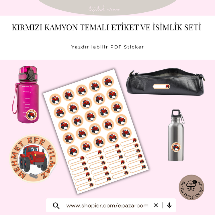 Anaokulu ve İlkokul için Kırmızı Kamyon Temalı Etiket Seti 
