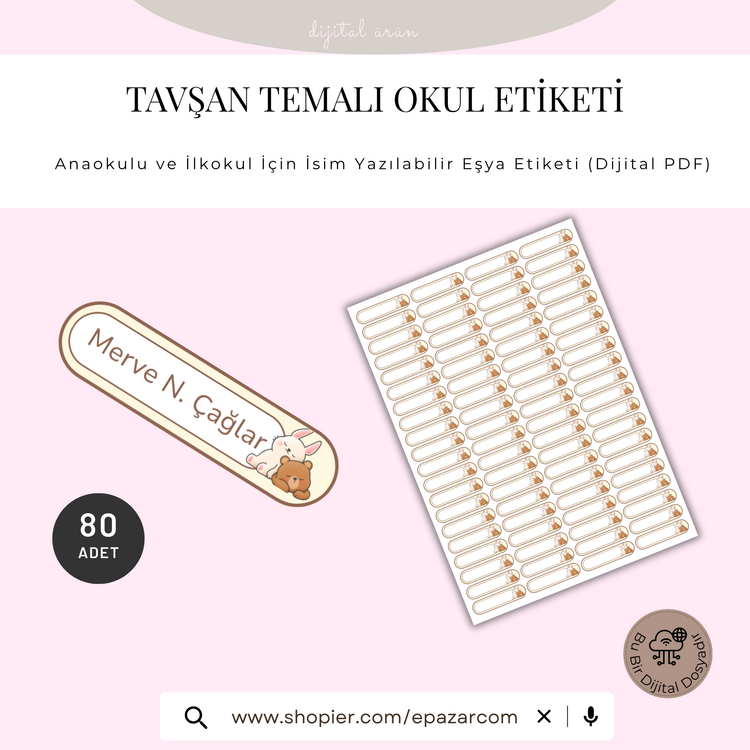 Tavşan Temalı Okul Etiketi – Anaokulu ve İlkokul İçin İsim Yazılabilir Eşya Etiketi 