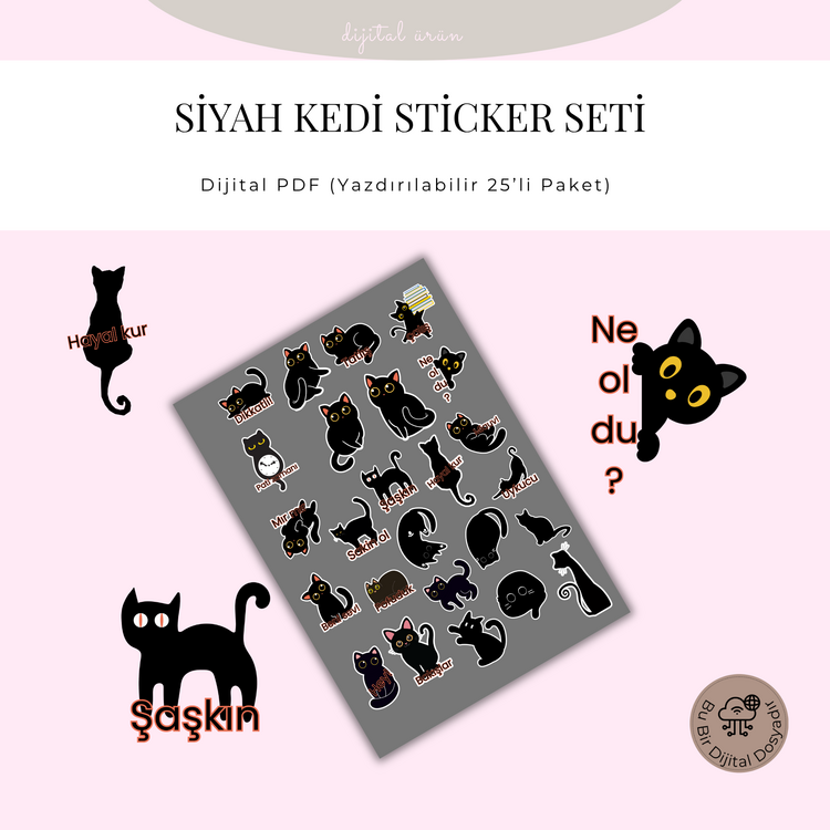 Siyah Kedi Sticker Seti – Dijital PDF (Yazdırılabilir 25’li Paket)