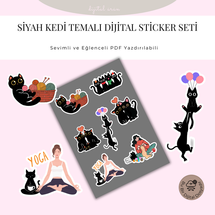 Siyah Kedi Temalı Dijital Sticker Seti – Sevimli ve Eğlenceli  PDF