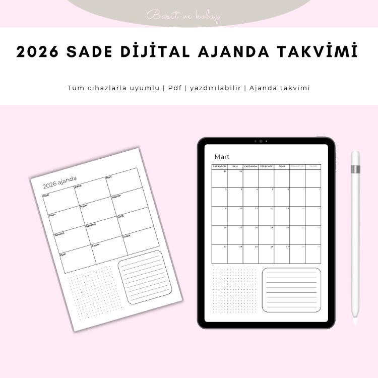 2026 Sade Dijital Ajanda Takvimi | Yazdırılabilir PDF | Minimal Planlayıcı