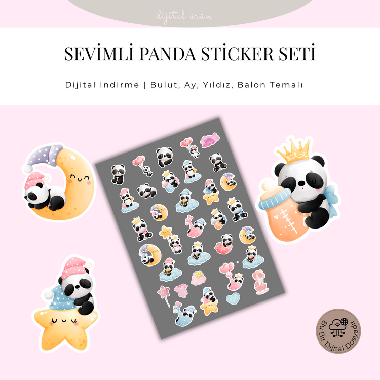 Sevimli Panda Sticker Seti (Dijital PDF) – Bulut, Ay, Yıldız ve Balon Temalı