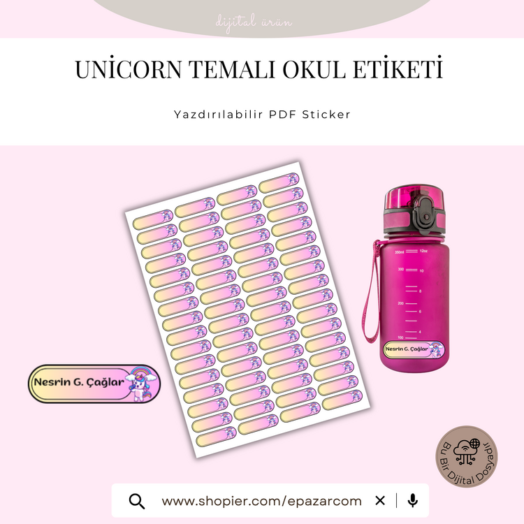 Unicorn Temalı Okul Etiketi – Anaokulu ve İlkokul Eşyaları İçin İsimlik Etiketi