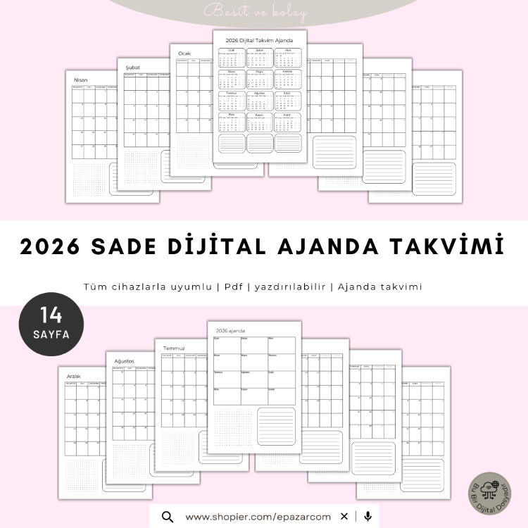 2026 Sade Dijital Ajanda Takvimi | Yazdırılabilir PDF | Minimal Planlayıcı
