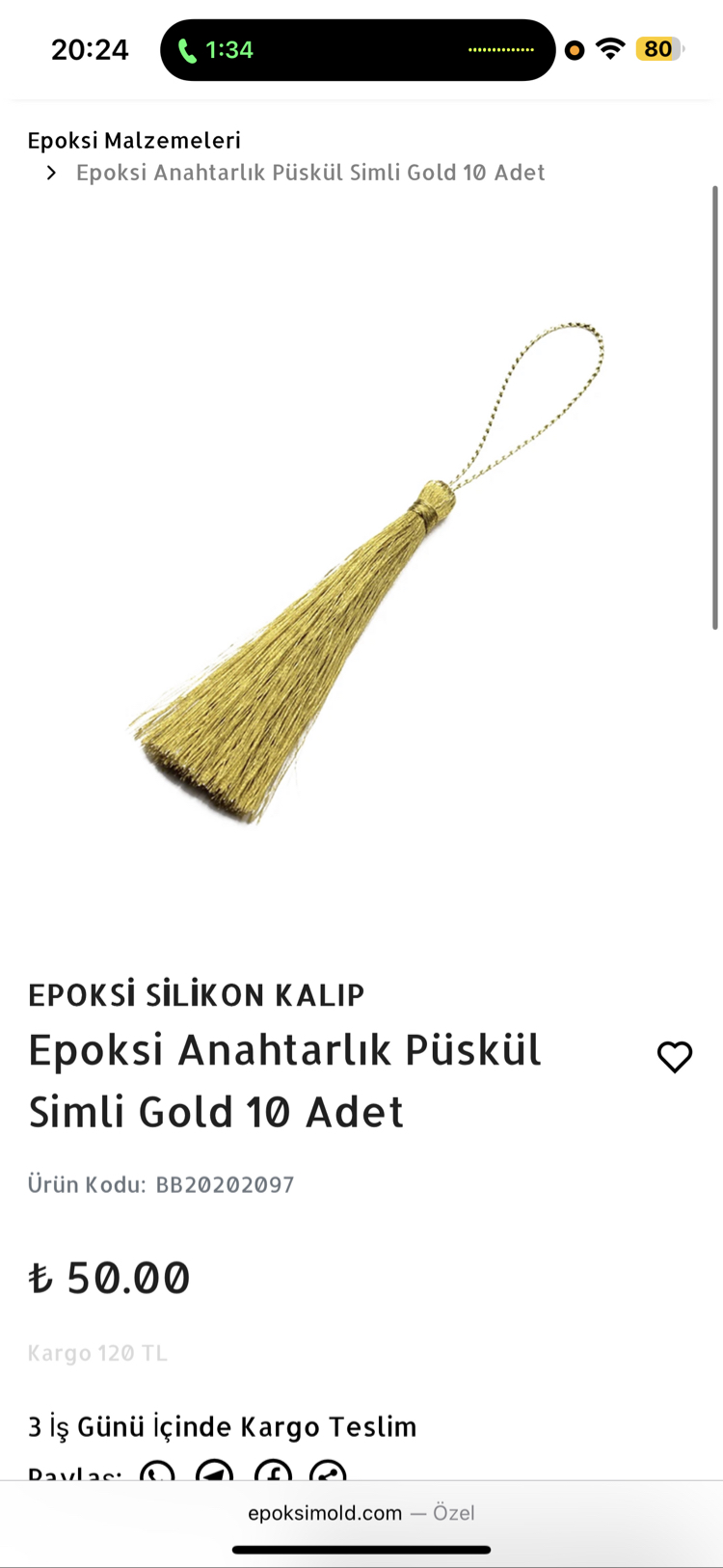 Epoksi Anahtarlık Püskül Simli Gold 10 adet