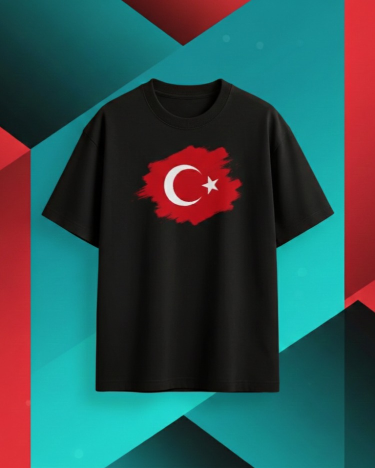 Türk Bayraklı Siyah Unisex Oversize T-Shirt