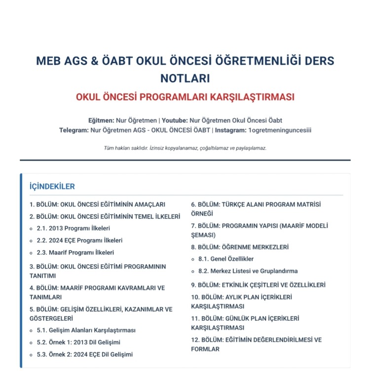 OKUL ÖNCESİ EĞİTİM PROGRAMLARI KARŞILAŞTIRMALI DERS NOTU