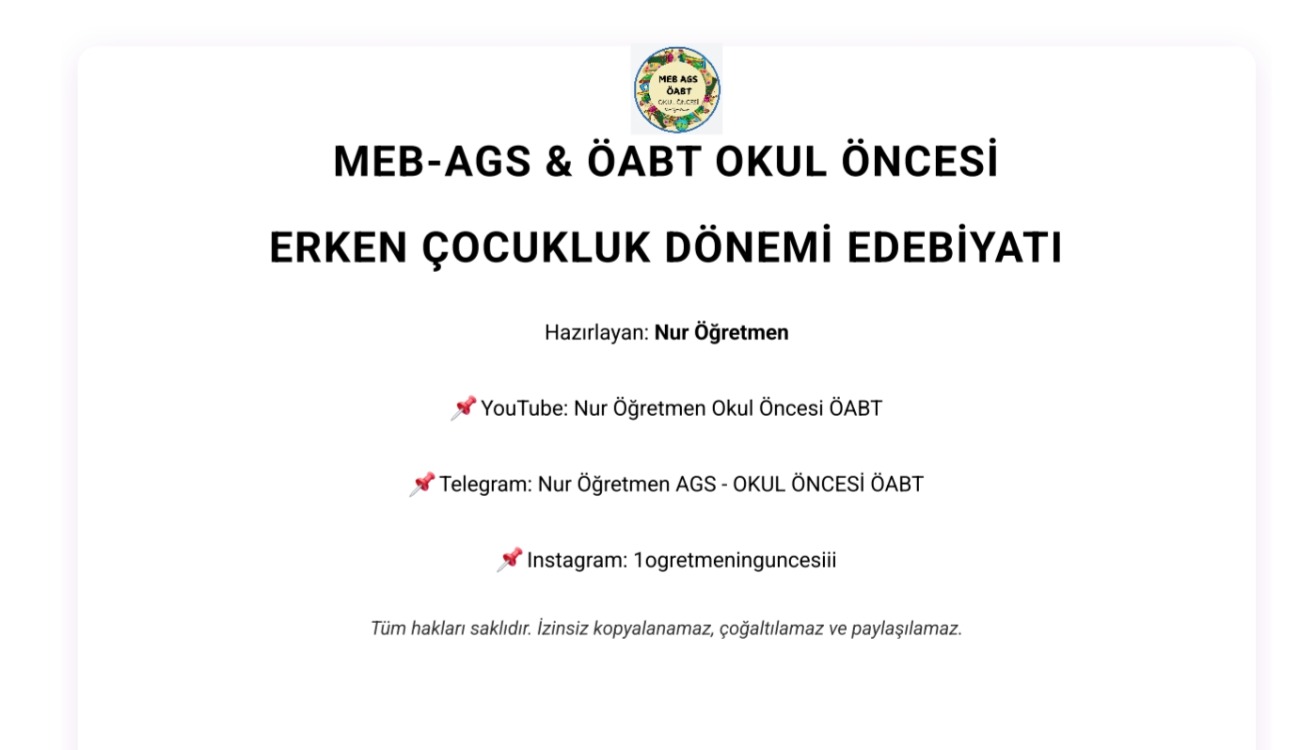 ERKEN ÇOCUKLUK DÖNEMİ EDEBİYATI DERS NOTU