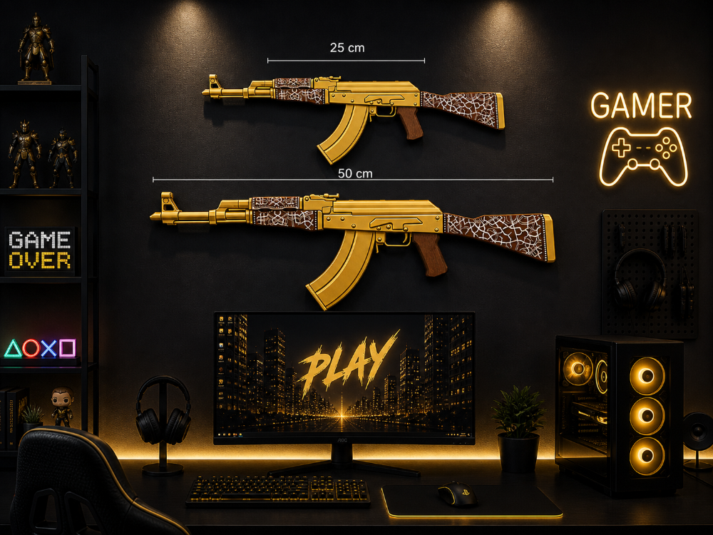 Dekoratif 2D Ak-47 Golden Arabesque | 25 cm | Oyuncu Odası & Duvar Aksesuarı