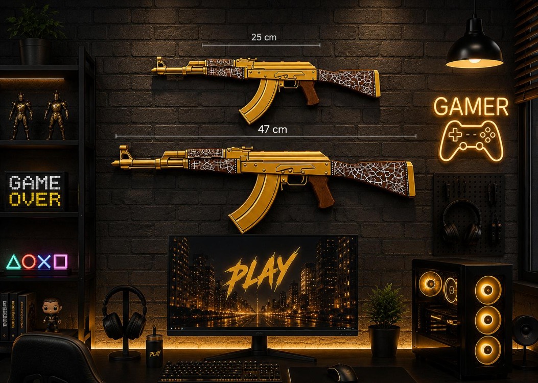 Dekoratif 2D Ak-47 Golden Arabesque | 47 cm | Oyuncu Odası & Duvar Aksesuarı