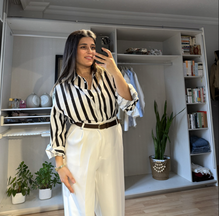 Kahve çizgili oversıze gömlek