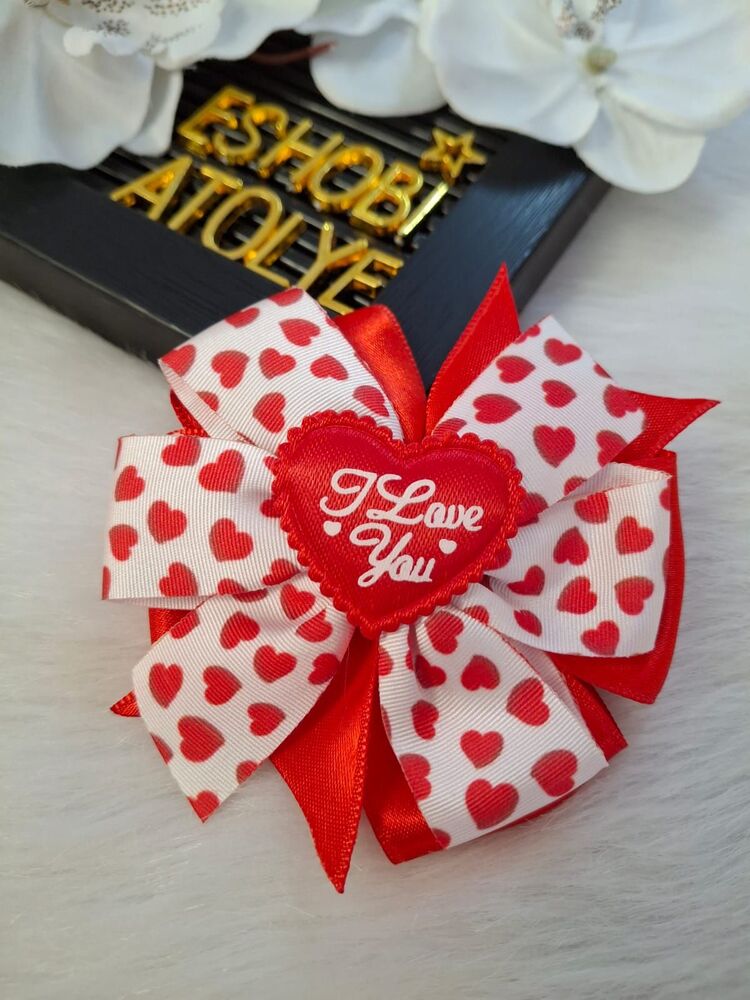 Kırmızı Kalpli I Love You Yazılı El Yapımı Fiyonk Toka - Sevgililer Günü Hediye