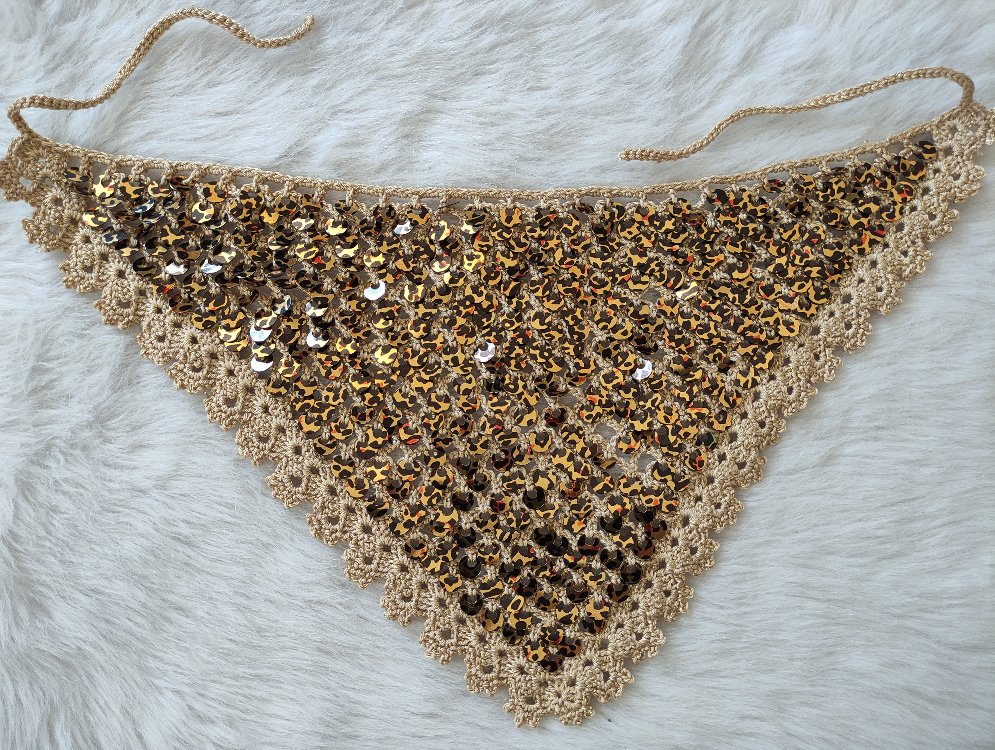 El Yapımı Gold Leopar Pullu Örgü Saç Bandanası - Bohem Tığ İşi Aksesuar
