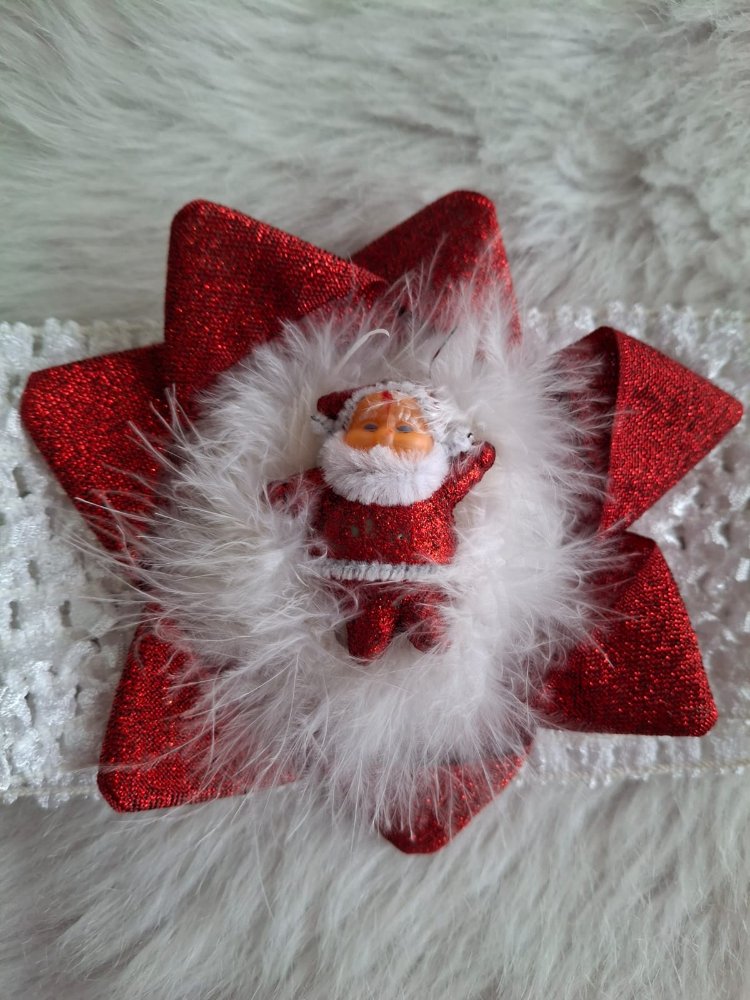 Kırmızı Simli Noel Baba Bebek Bandı – El Yapımı Yılbaşı Aksesuarı