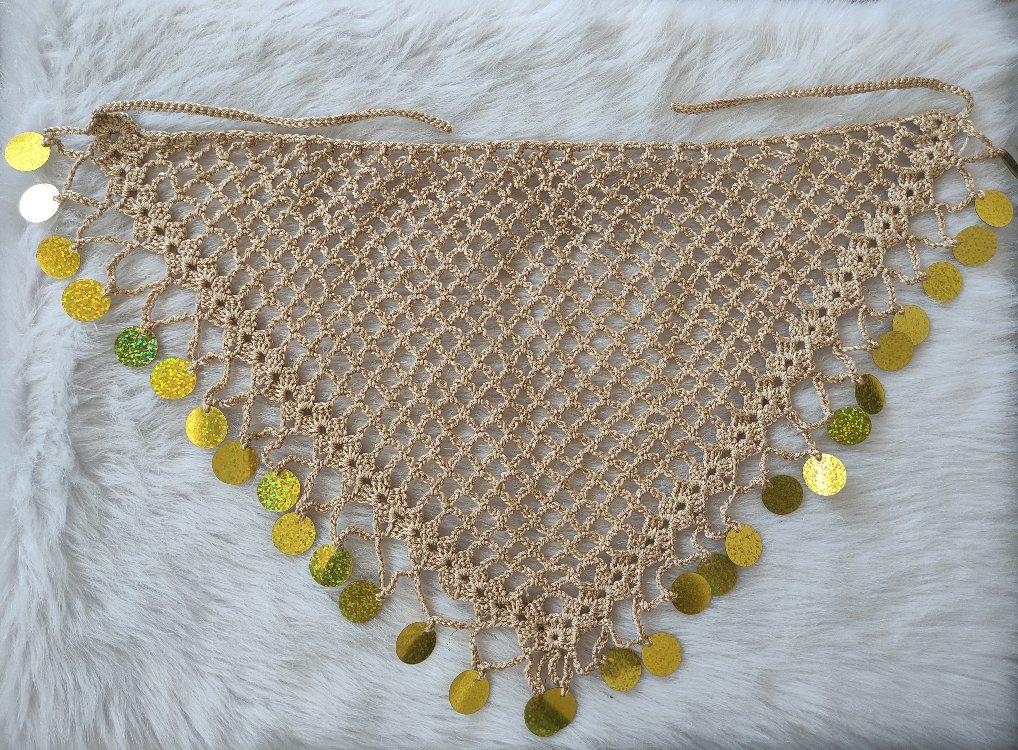 El Yapımı Gold/Bej Pullu Örgü Saç Bandanası - Bohem Tığ İşi Aksesuar