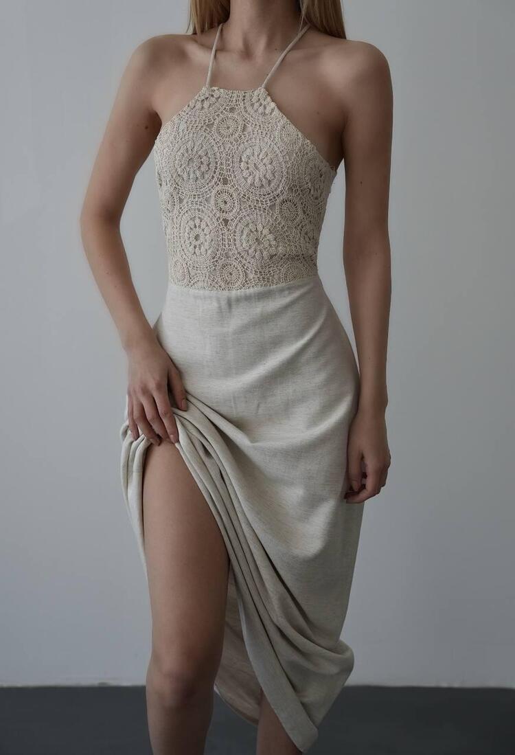 HALTER YAKA KETEN ELBİSE