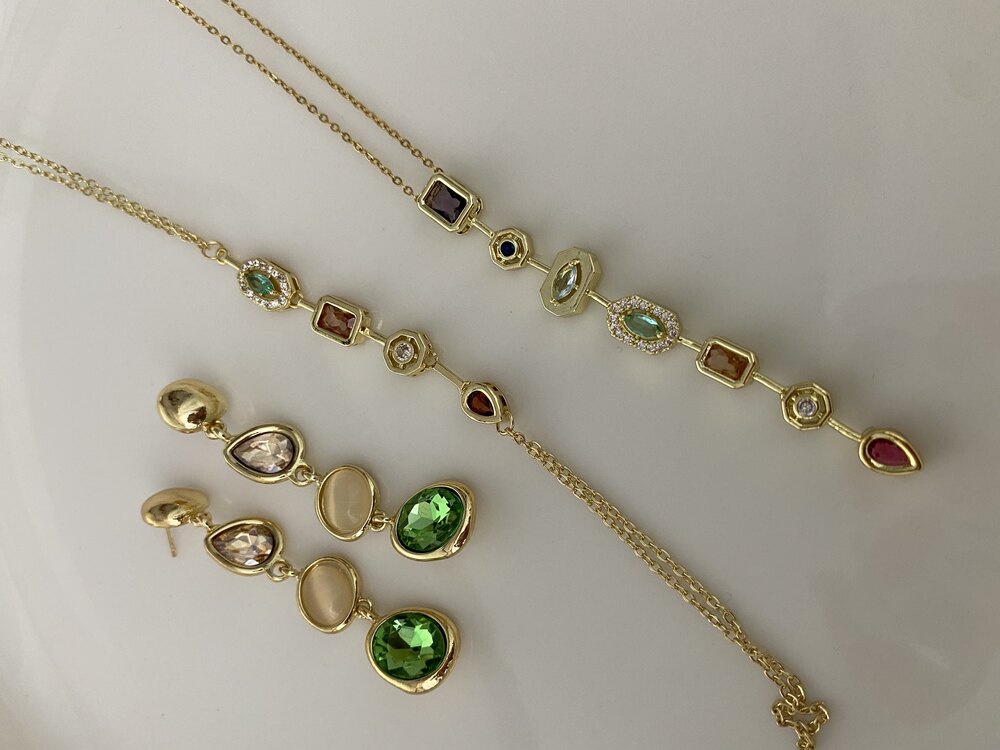 3’lü Set Gold Yeşil Küpe&Şahmeran&Kolye Çelik