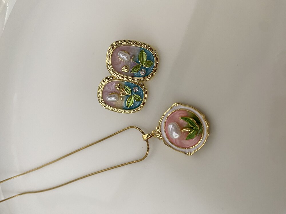 2’li Set Pembe İnci Çelik Kolye&Küpe