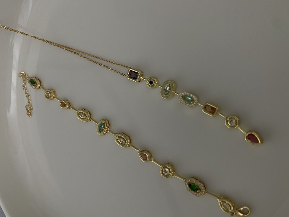 2’li Set Gold Y Full Taşlı Bileklik&Kolye Çelik