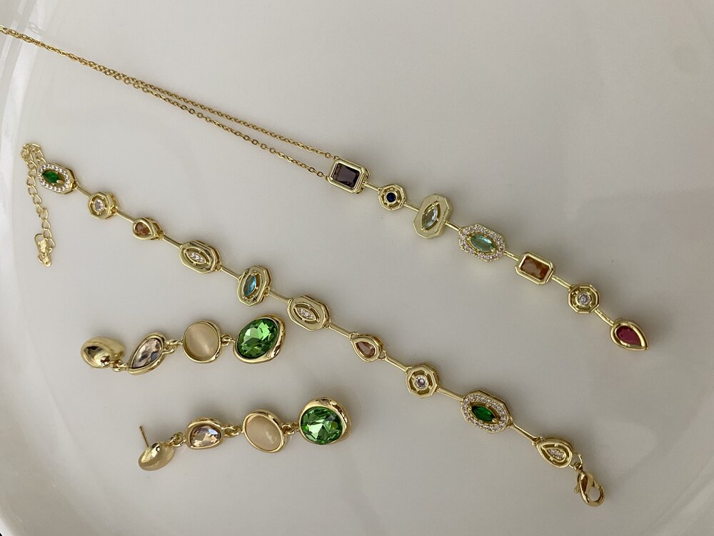 3’lü Set Gold Y Full Taşlı Bileklik&Küpe&Kolye Çelik