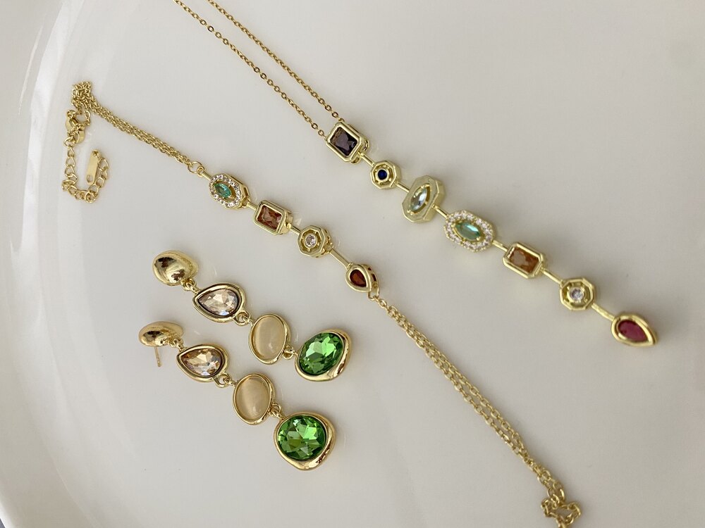 3’lü Set Gold Yeşil Küpe&Şahmeran&Kolye Çelik