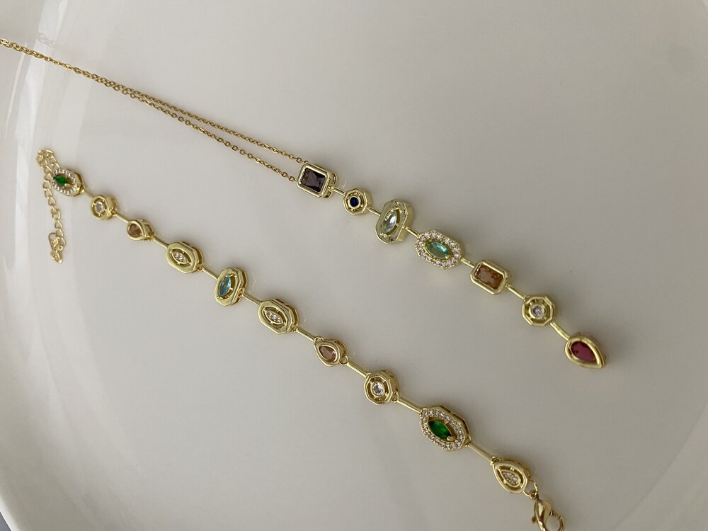 2’li Set Gold Y Full Taşlı Bileklik&Kolye Çelik